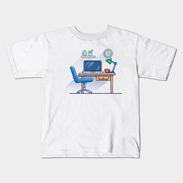 Work Bench, Desk, Laptop, Lamp, Plant, Cup, Clock And Floating Shelves Cartoon Kids T-Shirt by Catalyst Labs